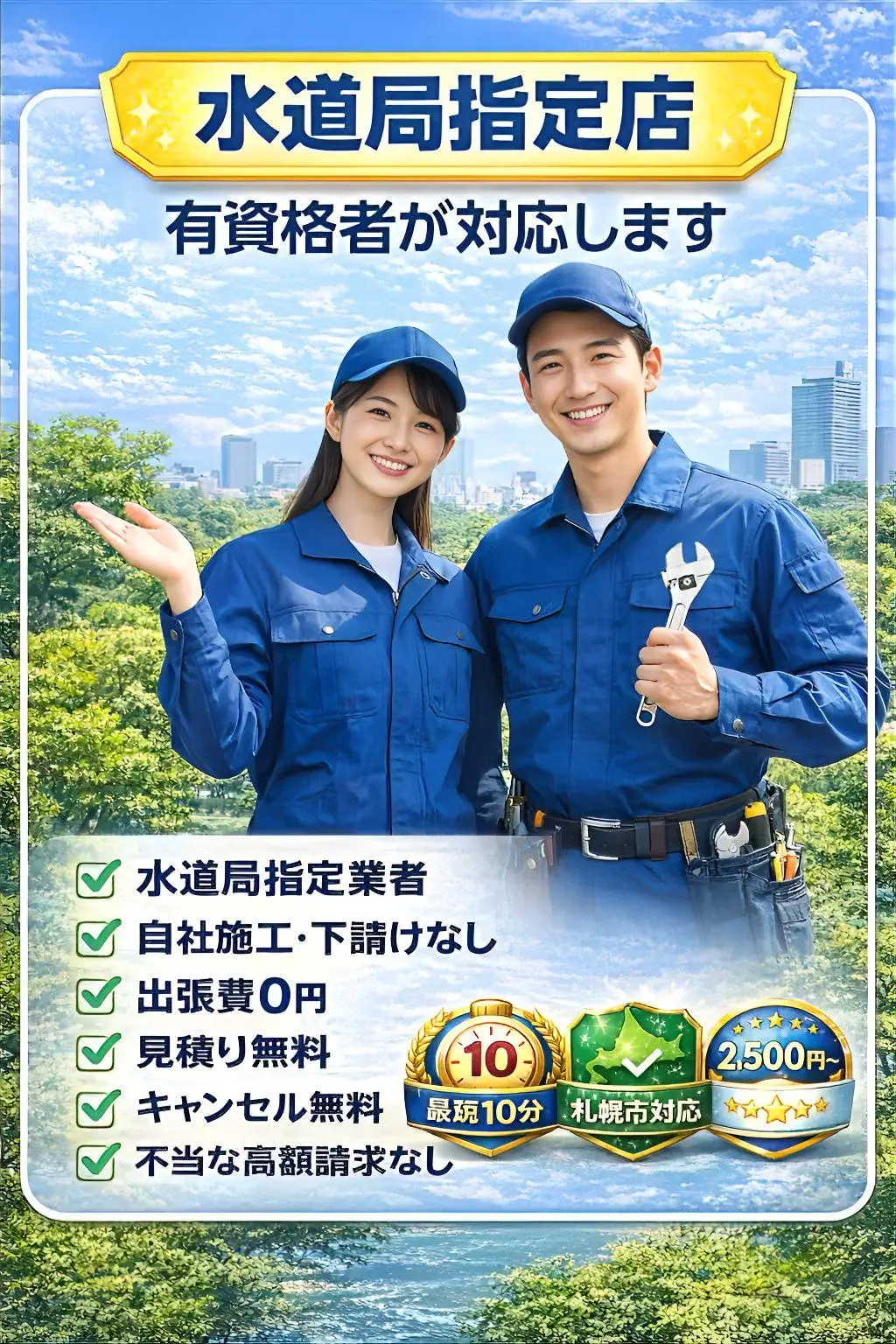 水道局指定店　有資格者が対応します